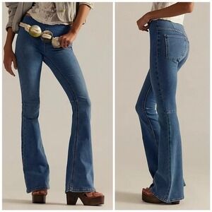 New Free People Flare Jeans Jenny 28 Pull On Blue Denim Boho Bell Bottoms 30x34